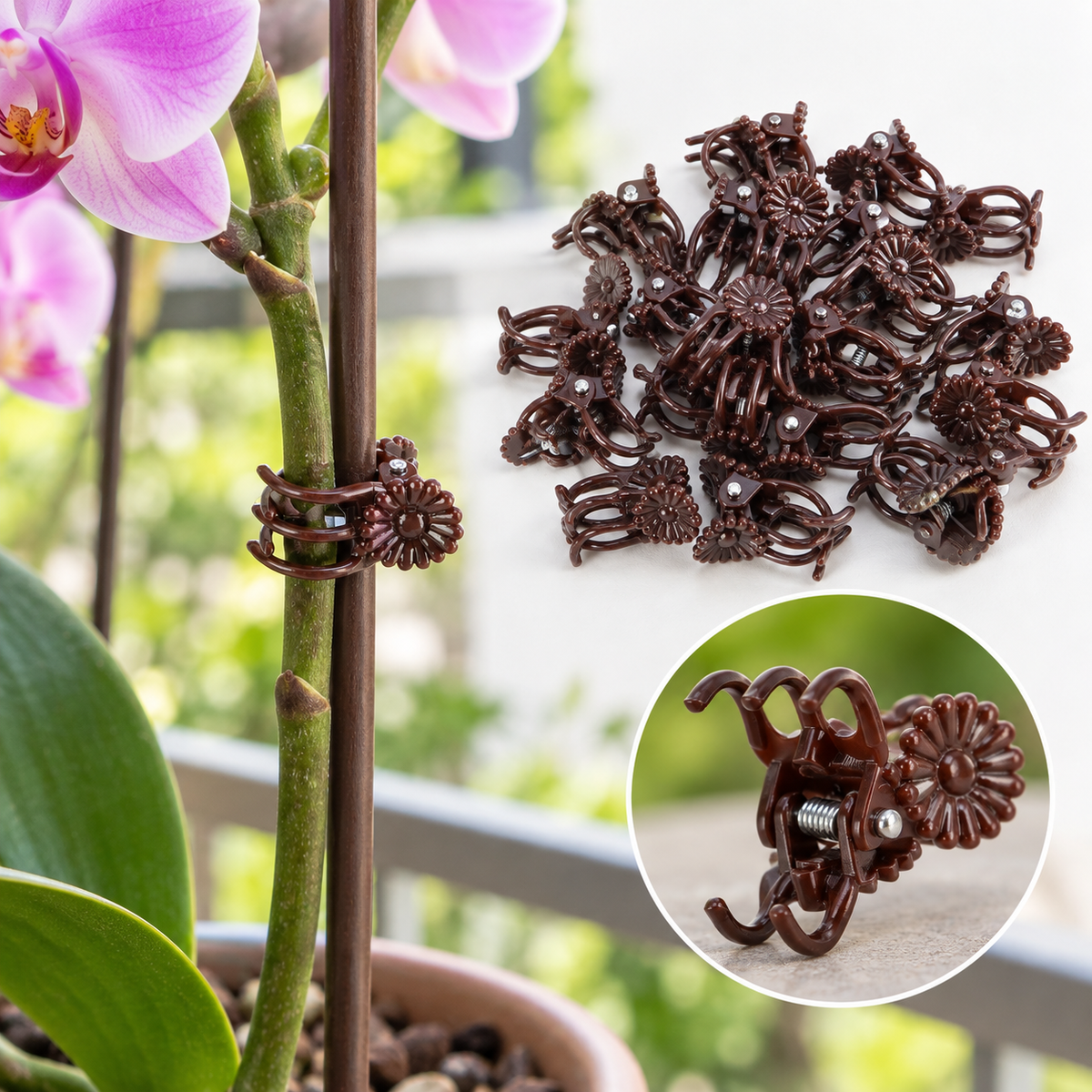 Brown Orchid Stem Clips, Set of 20 — in use