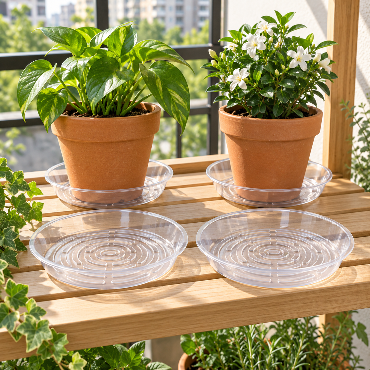 Clear Plant Saucers, Set of 4 — in use