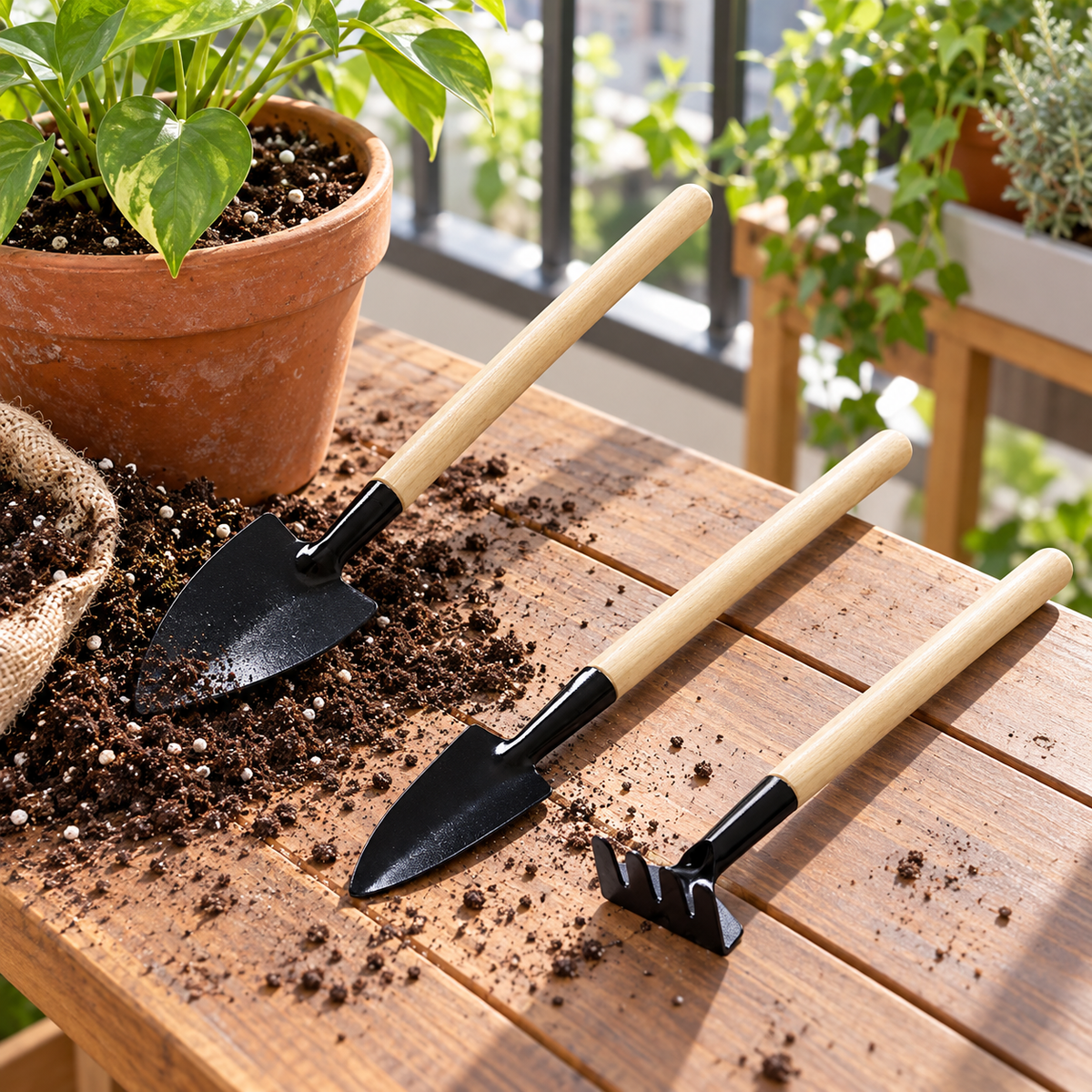 Mini Wooden-Handle Garden Tool Set — in use