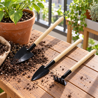 Mini Wooden-Handle Garden Tool Set — in use