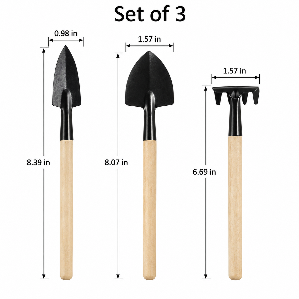Mini Wooden-Handle Garden Tool Set — specification diagram