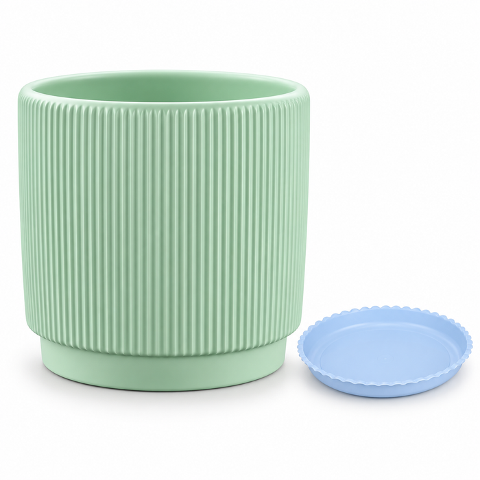 Mint Ribbed Planter with Saucer