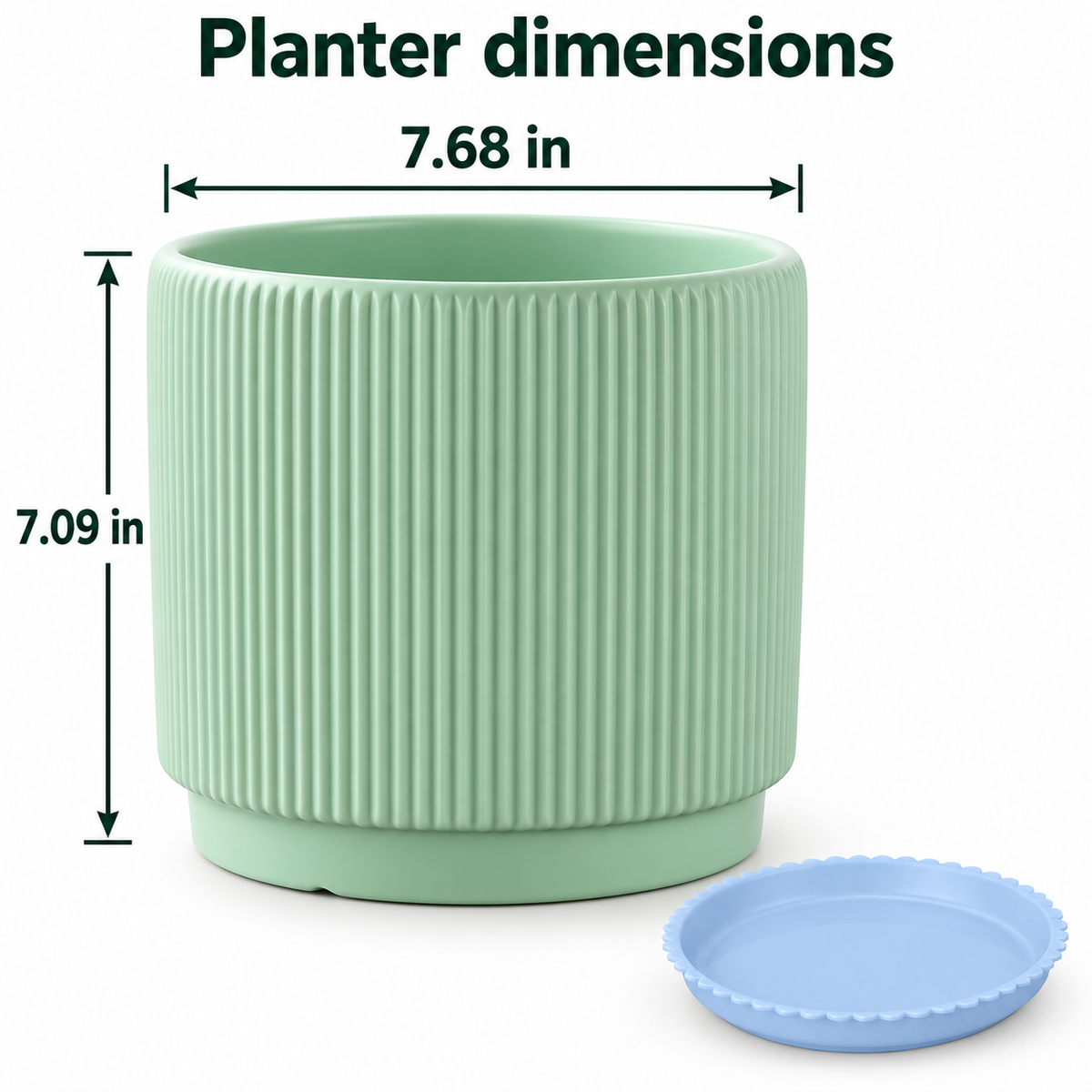 Mint Ribbed Planter with Saucer — specification diagram