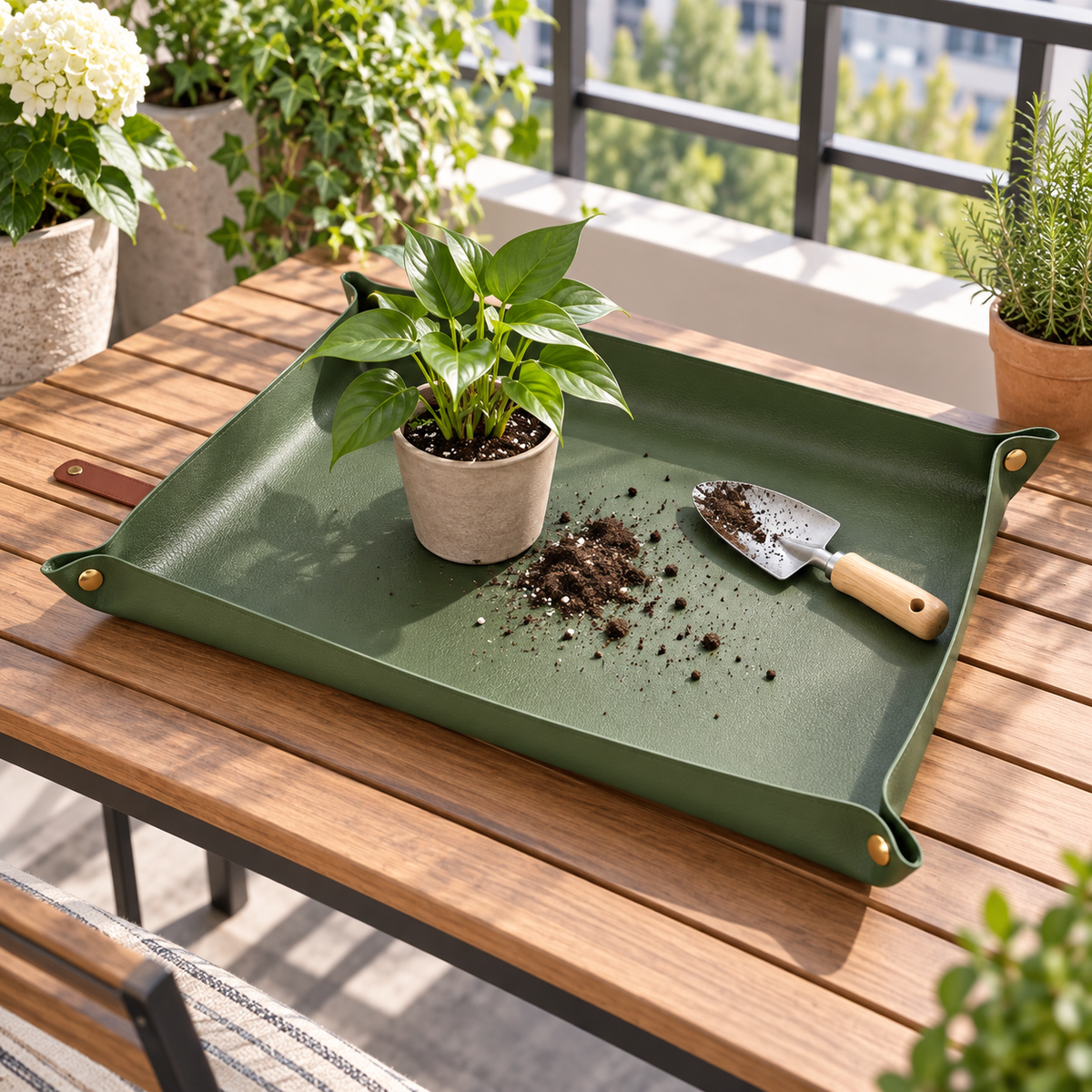 Snap-Corner Potting Mat with Roll-Up Strap — in use