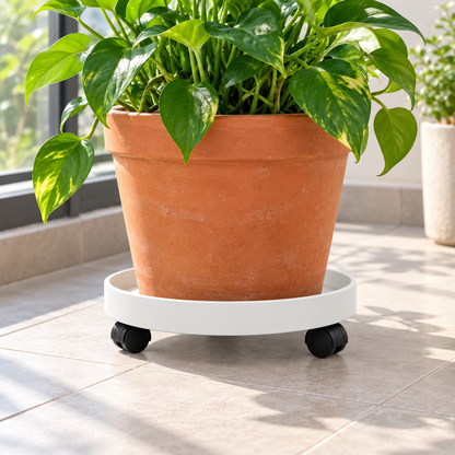 White Round Plant Caddy — in use